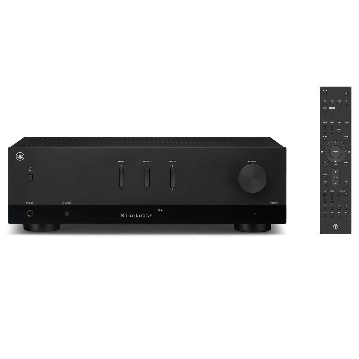 Yamaha R200A 2-Channel Hi-Fi Stereo Receiver with Bluetooth - Black - front view with remote to right