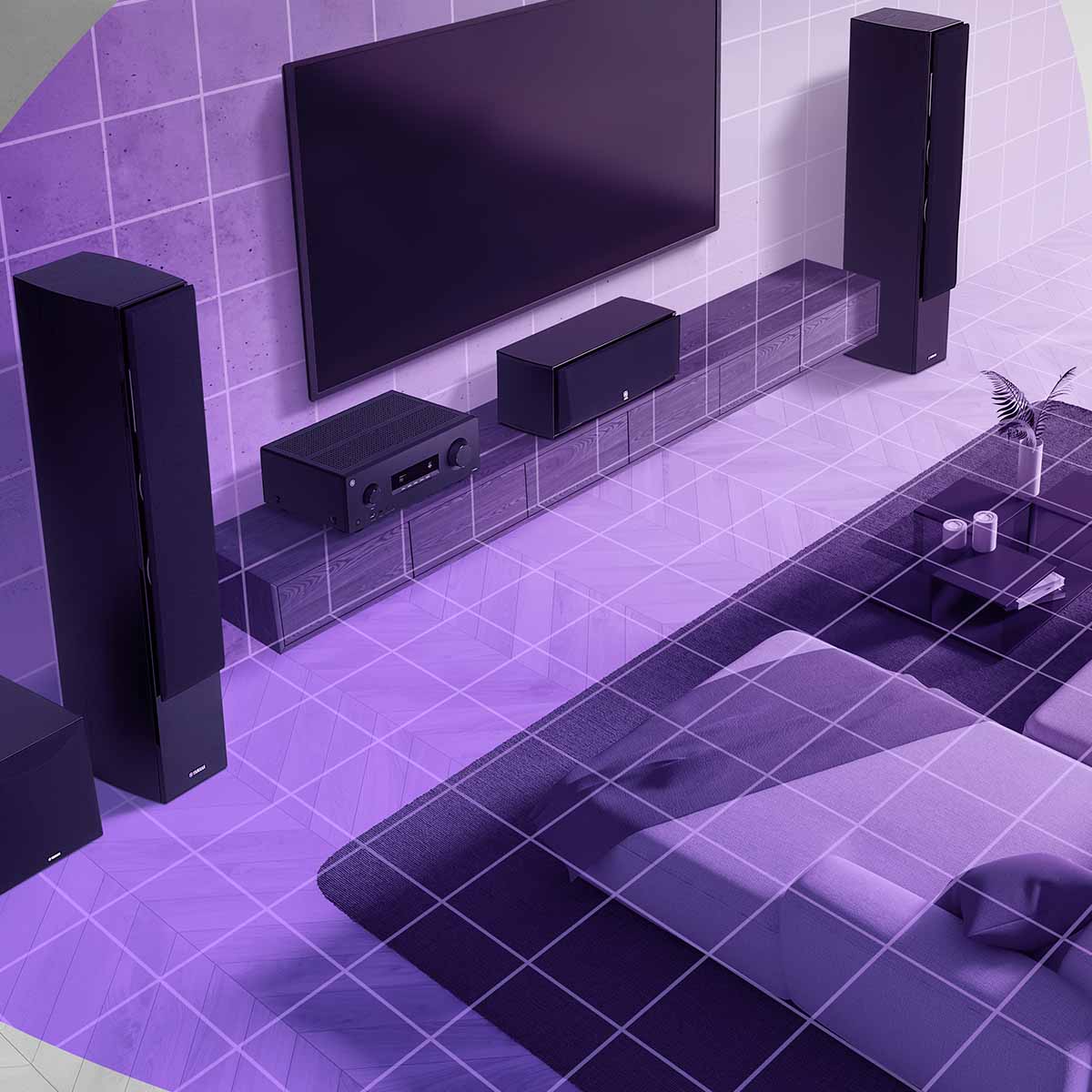 Yamaha RX300A 5.2-Channel AV Receiver - graphic showing system in living room set up around a TV with purple graphic overlay of system coverage