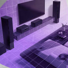 Yamaha RX300A 5.2-Channel AV Receiver - graphic showing system in living room set up around a TV with purple graphic overlay of system coverage