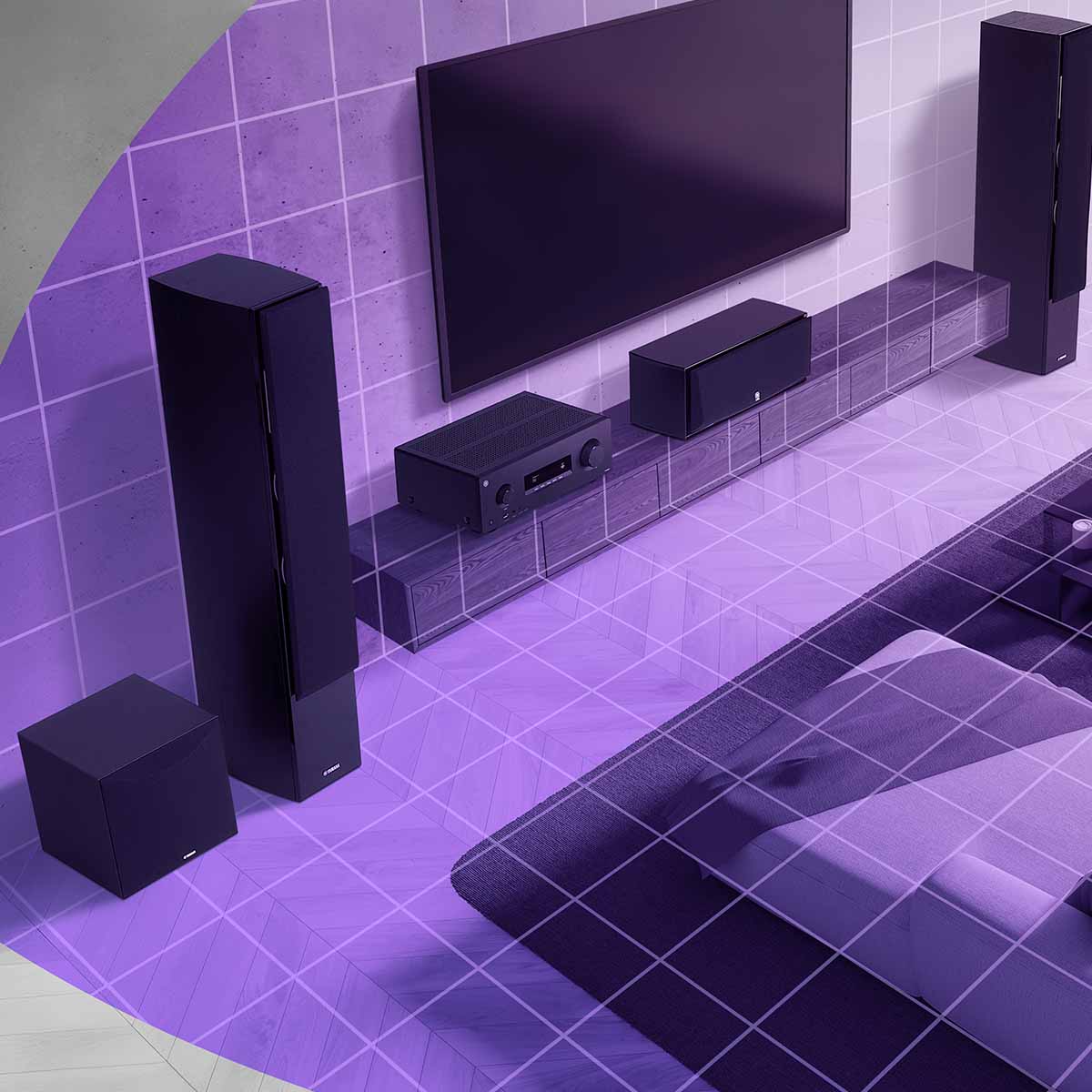Yamaha YHT-4970U 5.1-Channel Home Theater System - graphic showing system in living room set up around a TV with purple graphic overlay of system coverage