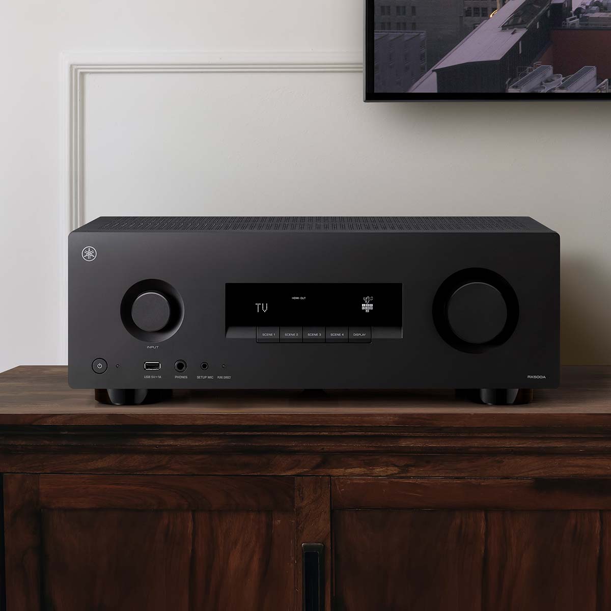 Yamaha RX500A 5.2-Channel AV Receiver - lifestyle image of unit on cabinet front view