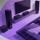 Yamaha RX500A 5.2-Channel AV Receiver - graphic showing system in living room set up around a TV with purple graphic overlay of system coverage