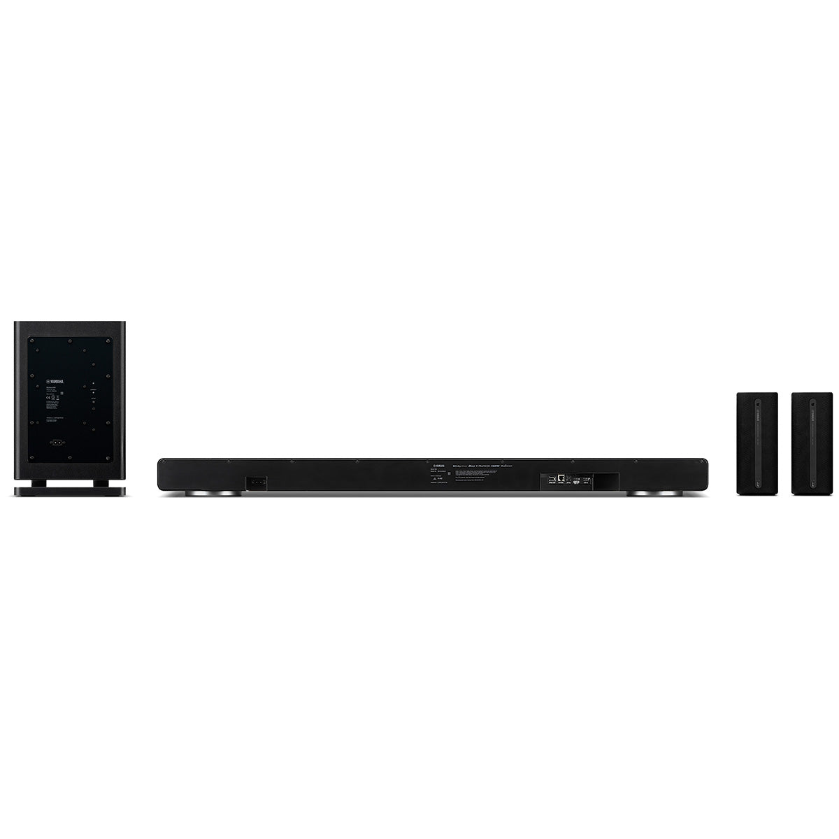Yamaha True X Surround 90A Soundbar/Surround Sound System - from left to right: subwoofer, bar and two surround speakers rear view