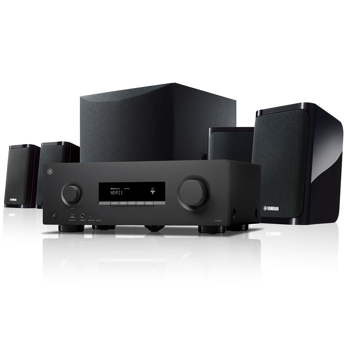 Yamaha YHT-4970U 5.1-Channel Home Theater System - front view of receiver and speakers angled left