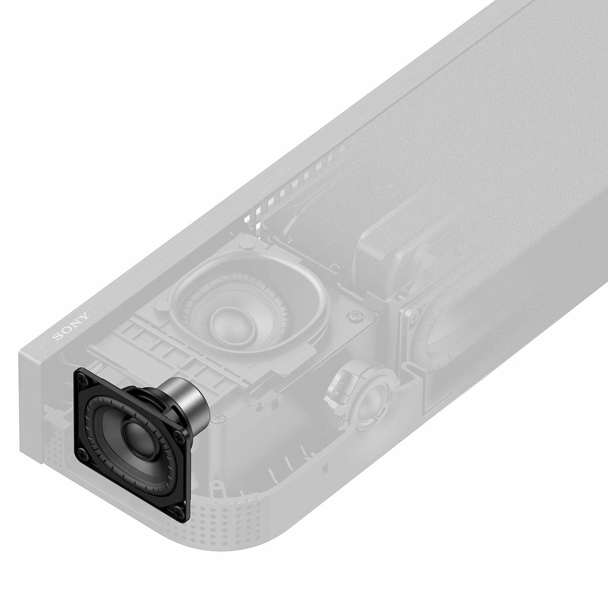 Sony BRAVIA Theater Bar 7 Soundbar front top and side view angled right graphic showing internal speakers detail of left side of unit highlighting side speaker