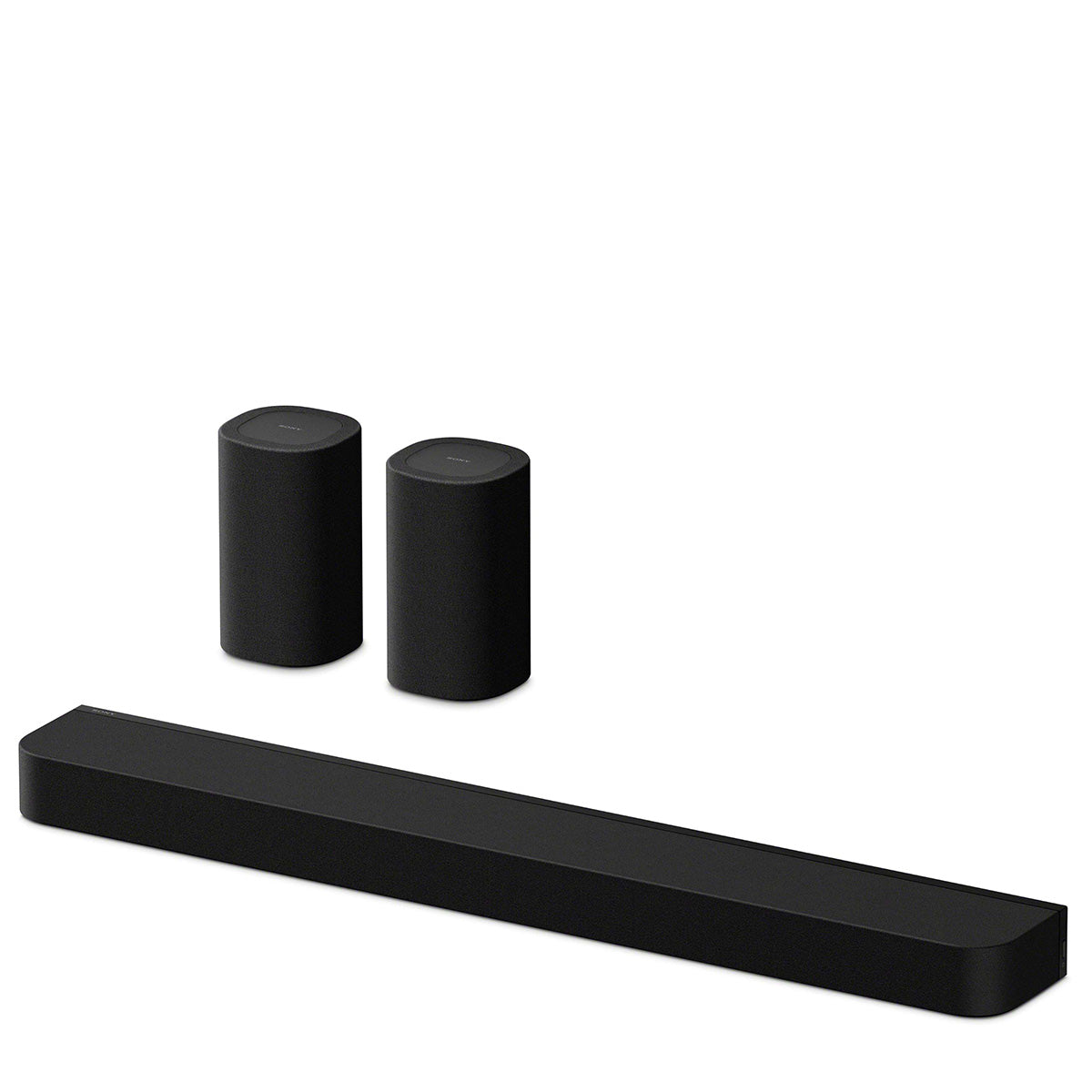 Sony BRAVIA Theater Bar 7 Soundbar front top and side view angled left to front with pair of rear speakers behind