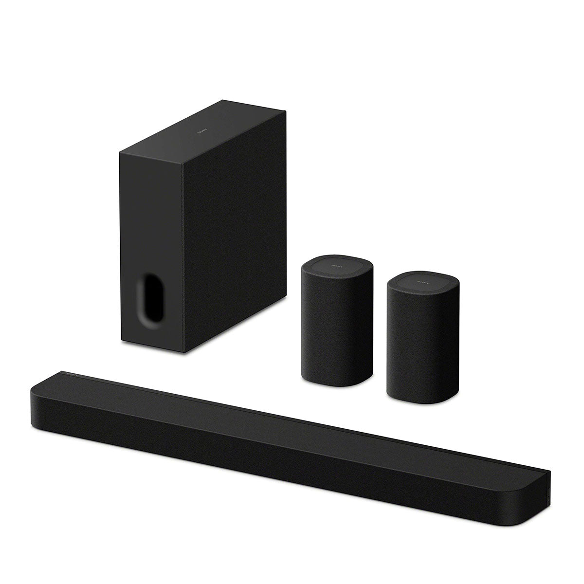Sony BRAVIA Theater Bar 7 Soundbar front top and side view angled left to front with subwoofer and pair of rear speakers behind