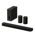 Sony BRAVIA Theater Bar 7 Soundbar front top and side view angled left to front with subwoofer and pair of rear speakers behind