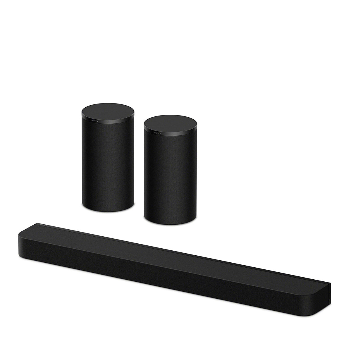 Sony BRAVIA Theater Bar 7 Soundbar front top and side view angled left to front with pair of rear speakers behind