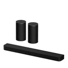 Sony BRAVIA Theater Bar 7 Soundbar front top and side view angled left to front with pair of rear speakers behind