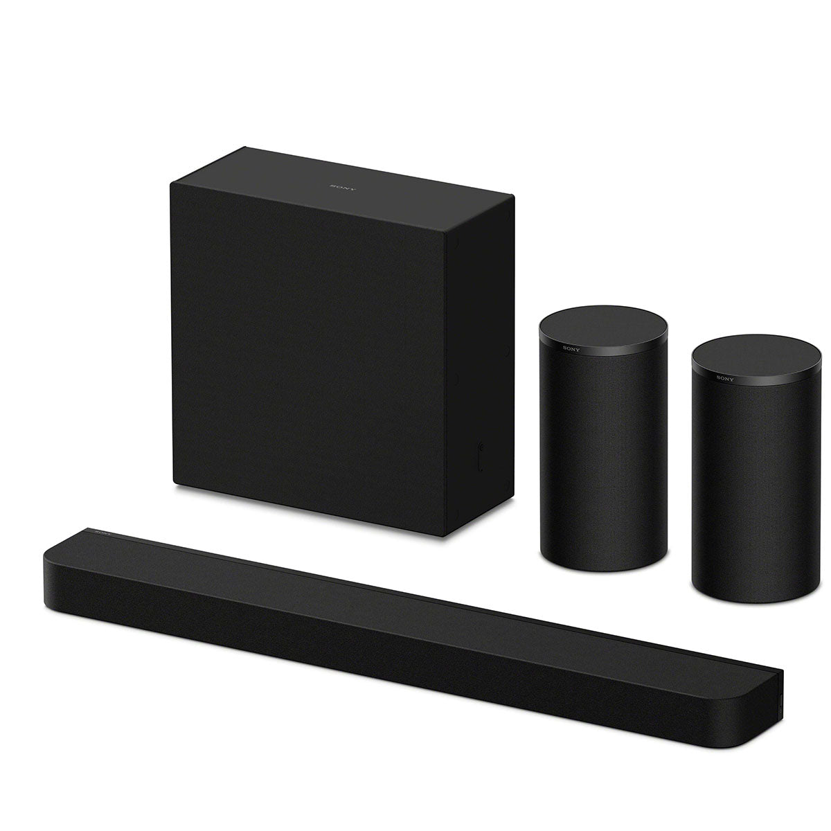 Sony BRAVIA Theater Bar 7 Soundbar front top and side view angled left to front with subwoofer and pair of rear speakers behind