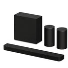 Sony BRAVIA Theater Bar 7 Soundbar front top and side view angled left to front with subwoofer and pair of rear speakers behind