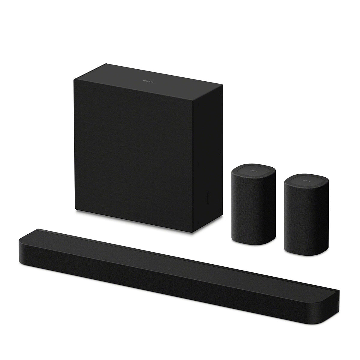 Sony BRAVIA Theater Bar 7 Soundbar front top and side view angled left to front with subwoofer and pair of rear speakers behind