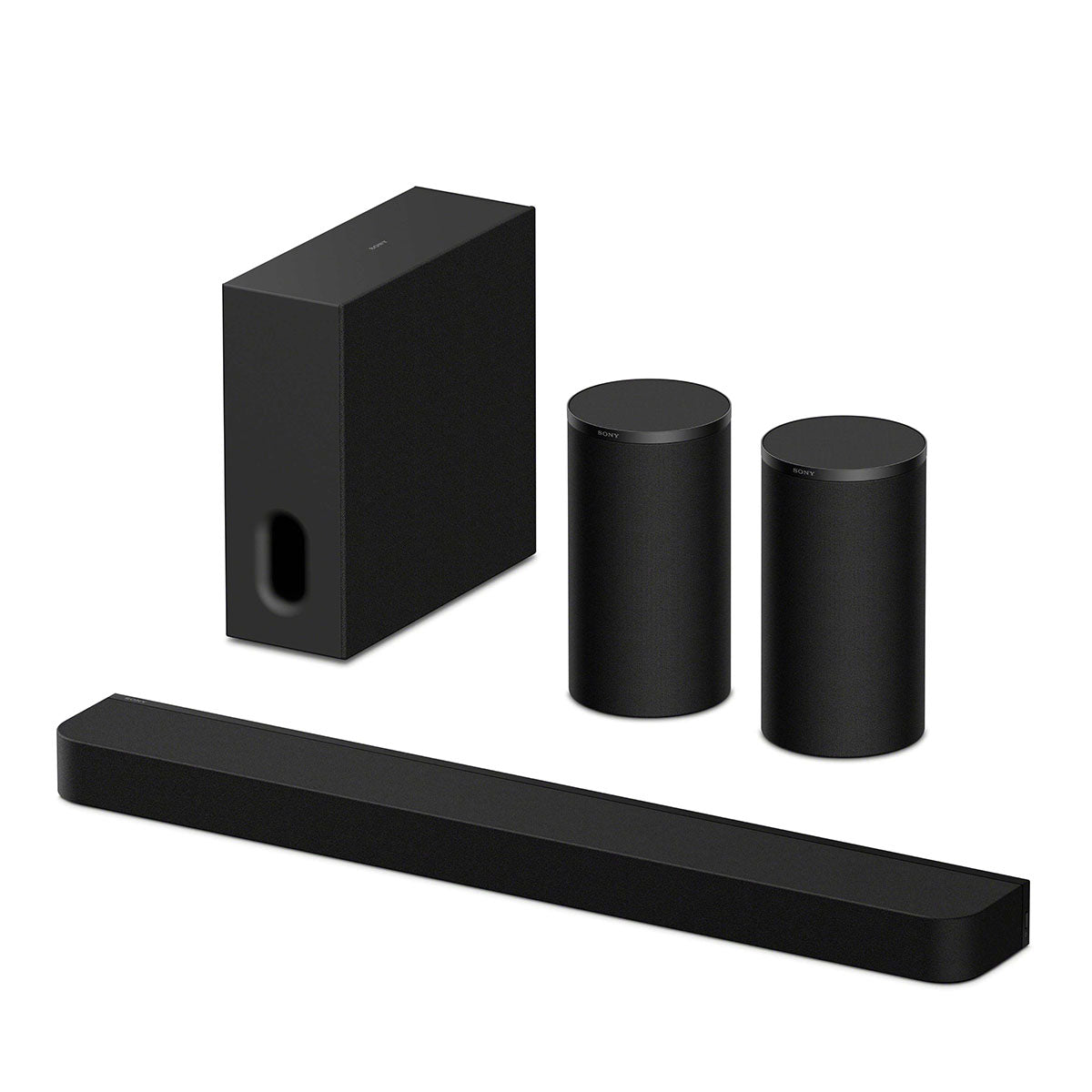 Sony BRAVIA Theater Bar 7 Soundbar front top and side view angled left to front with subwoofer and pair of rear speakers behind