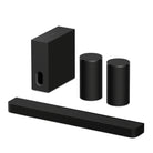 Sony BRAVIA Theater Bar 7 Soundbar front top and side view angled left to front with subwoofer and pair of rear speakers behind