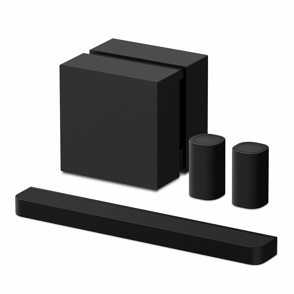Sony BRAVIA Theater Bar 7 Soundbar front top and side view angled left to front with subwoofer and pair of rear speakers behind