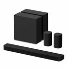 Sony BRAVIA Theater Bar 7 Soundbar front top and side view angled left to front with subwoofer and pair of rear speakers behind