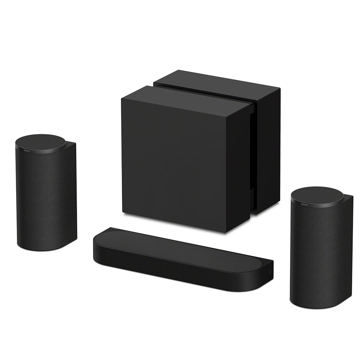 Sony BRAVIA Trio Home Theater System front view angled left with additional sold-separate speakers and subwoofer