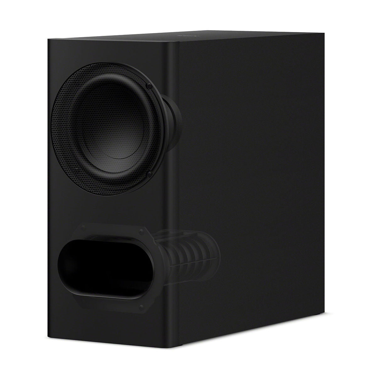 Sony BRAVIA Theater Bar 5 Soundbar front and side view of subwoofer alone with graphic showing internal speakers