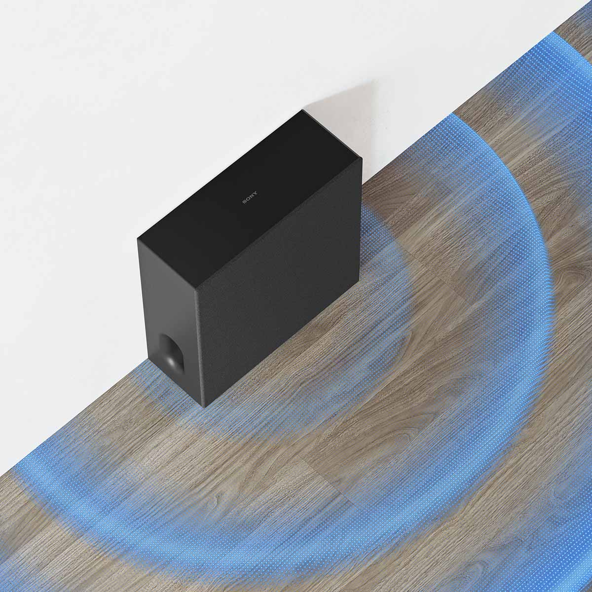 Sony BRAVIA Theater Sub 7 Wireless Subwoofer top view of unit on floor with graphics showing sound waves radiating from subwoofer