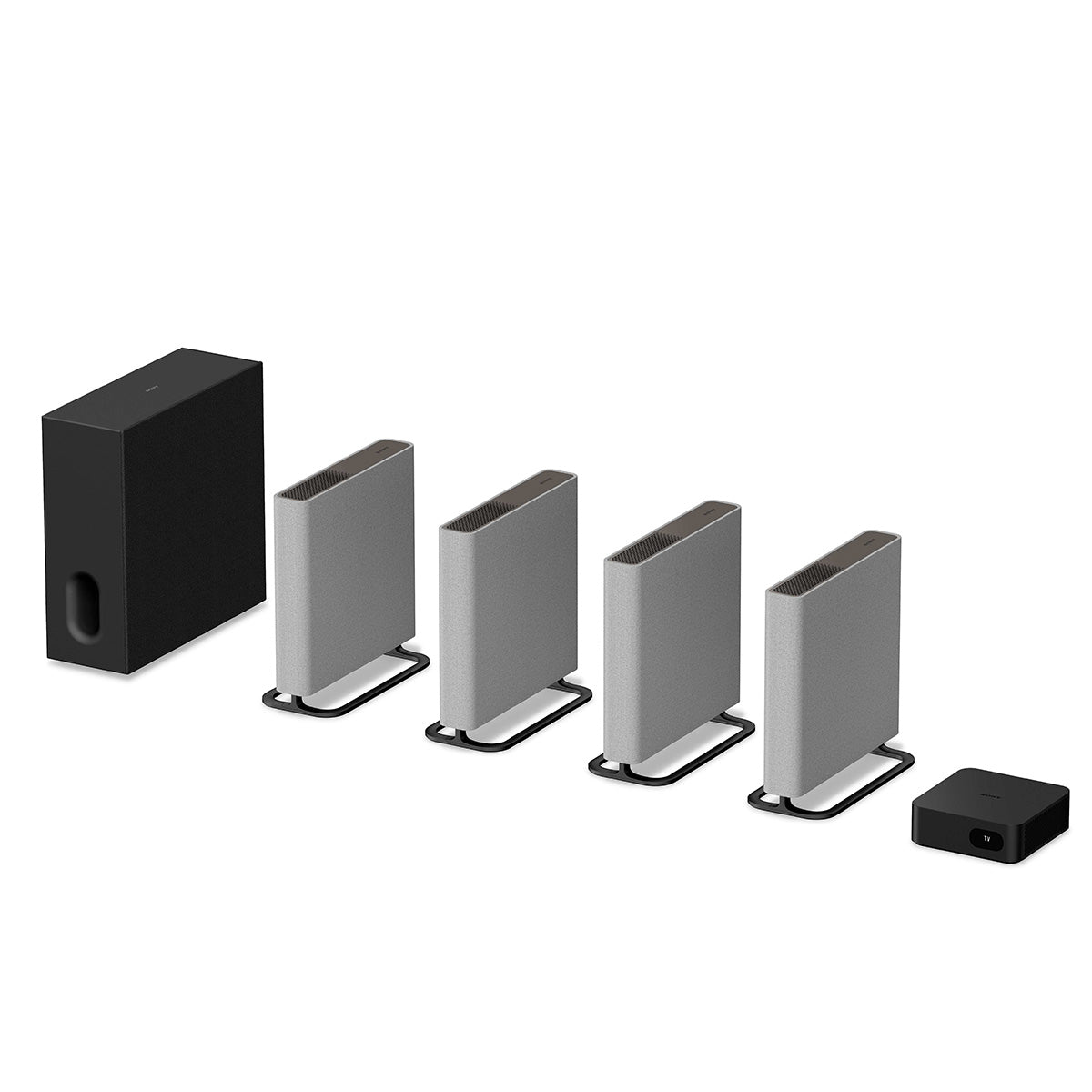 Sony BRAVIA Theater Sub 7 Wireless Subwoofer to left in row with surround speakers