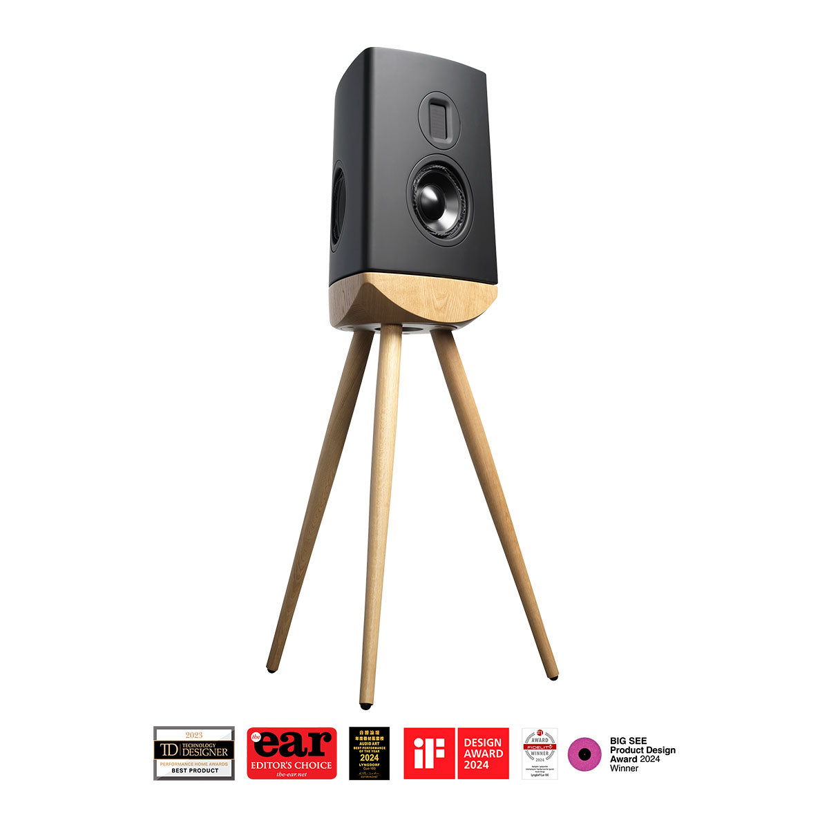 Lyngdorf Cue-100 Speaker black speaker with oak base front view angled right without grille with award logos below