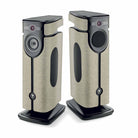 Focal Diva Mezza Utopia Wireless Active Loudspeakers pair of speakers, left speaker angled left without grille, right speaker angled right with grille