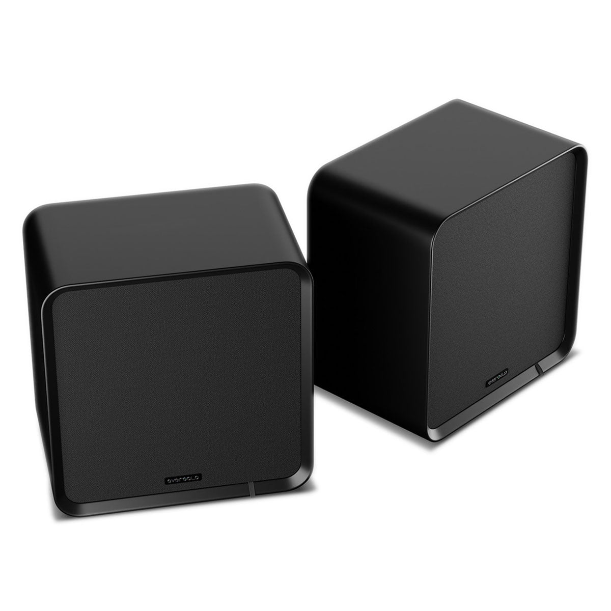 EverSolo SE100 Passive HiFi Bookshelf Speakers - Pair - front and top view angled right with grilles