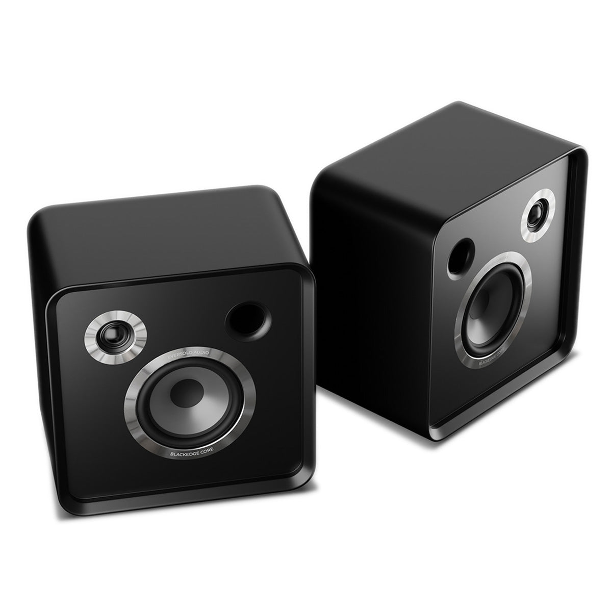 EverSolo SE100 Passive HiFi Bookshelf Speakers - Pair - front and top view angled right without grilles