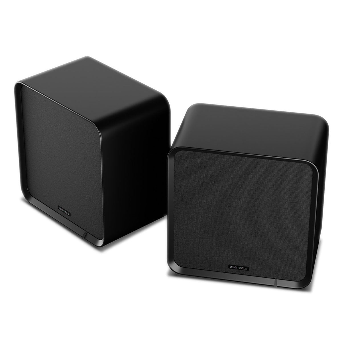 EverSolo SE100 Passive HiFi Bookshelf Speakers - Pair - front and top view angled left with grilles