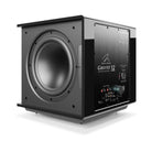 MartinLogan Grotto 12 Subwoofer - Gloss Black - side and rear view angled left without grilles