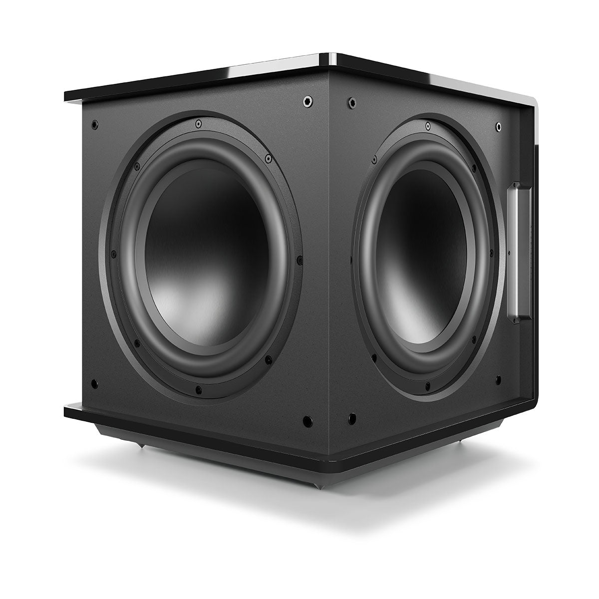 MartinLogan Grotto 12 Subwoofer - Gloss Black - front and side view angled left without grilles