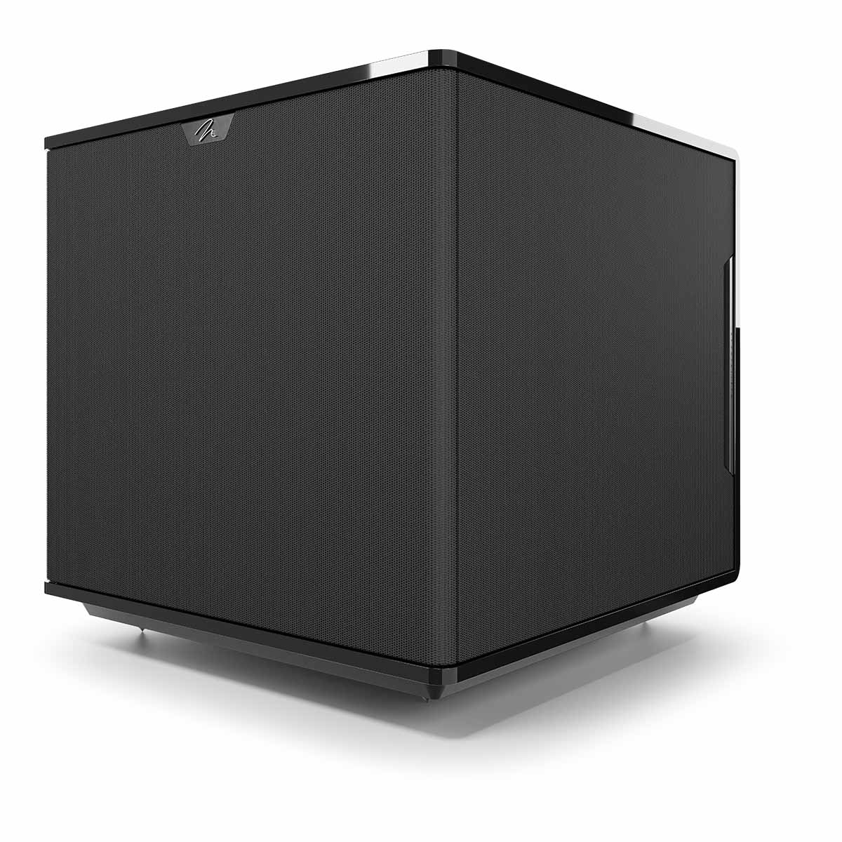 MartinLogan Grotto 15 Subwoofer - Gloss Black - front and side view angled left with grilles