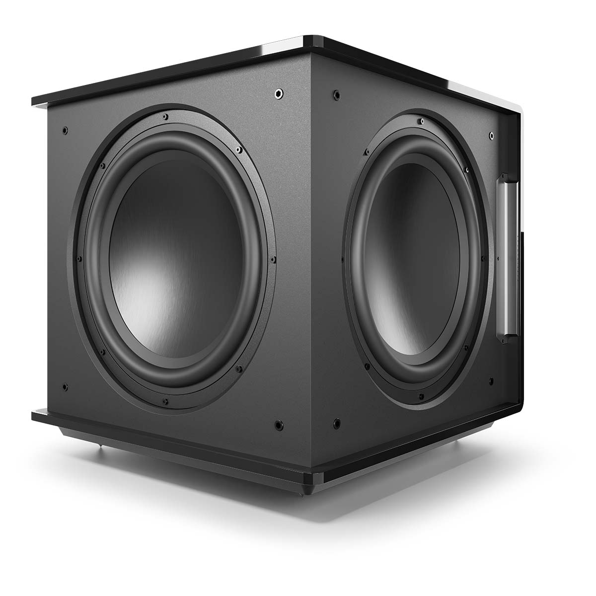 MartinLogan Grotto 15 Subwoofer - Gloss Black - front and side view angled left without grilles