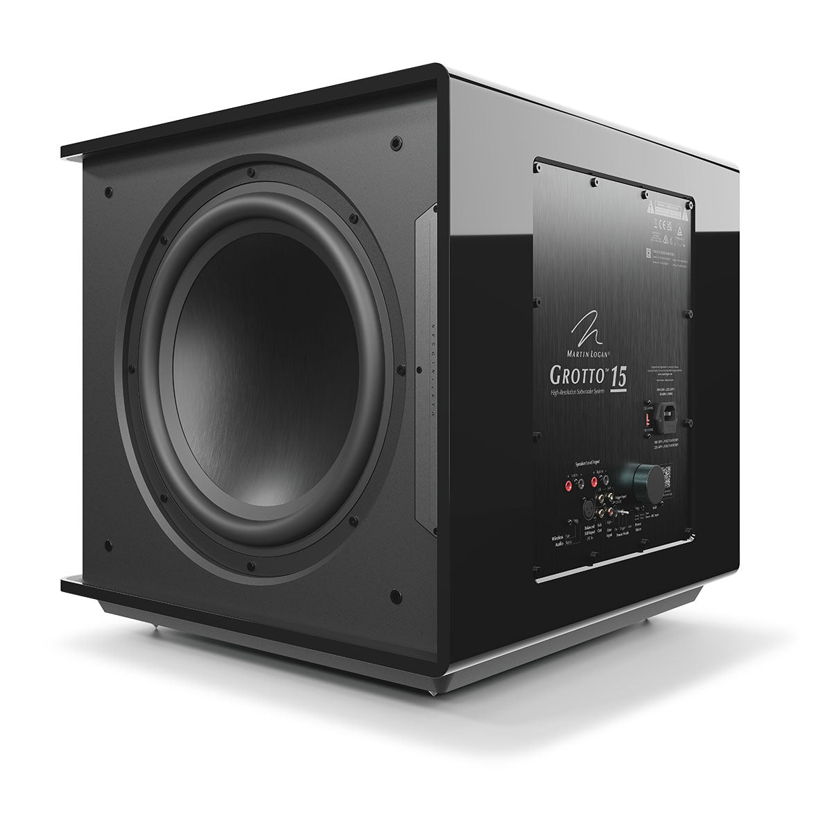 MartinLogan Grotto 15 Subwoofer - Gloss Black - side and rear view angled left without grilles