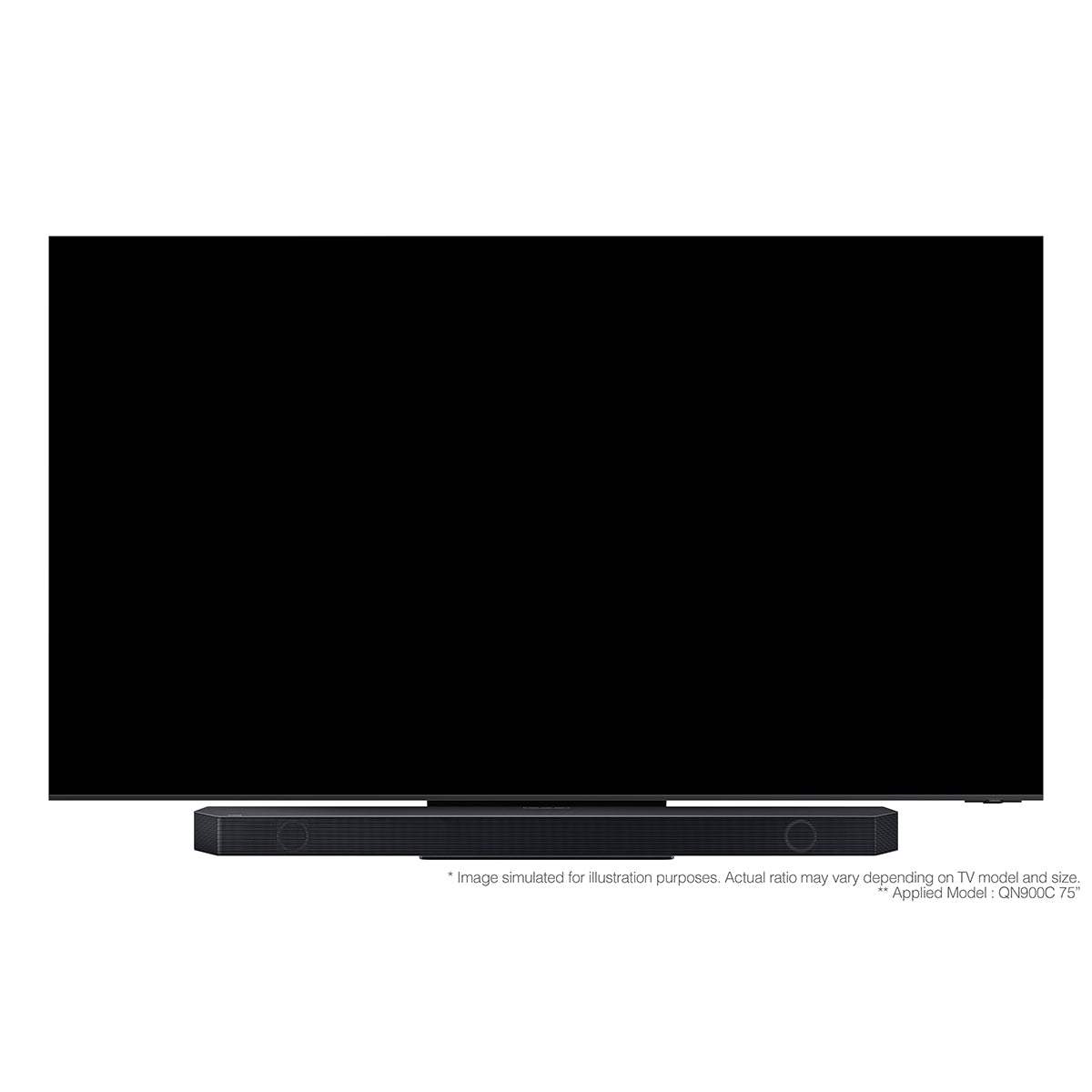 Samsung Q990C 11.1.4 ch. Wireless Dolby ATMOS Soundbar - front view with sample 75" QN900C television