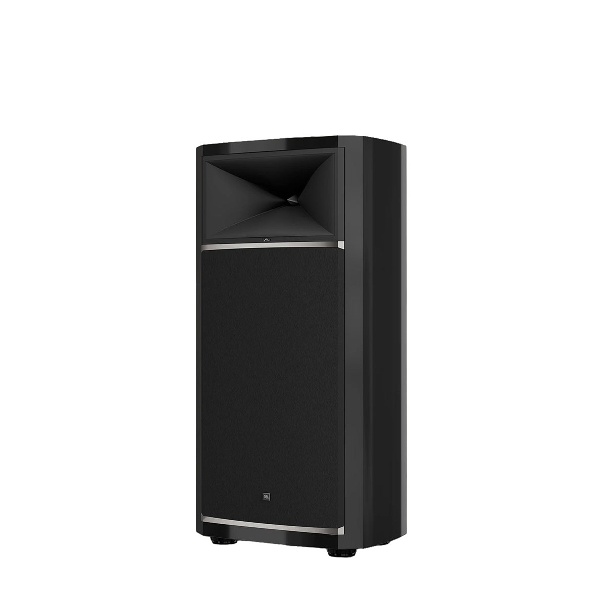 JBL Summit K2 3-Way Floorstanding Loudspeaker - single black speaker front view angled left with grille