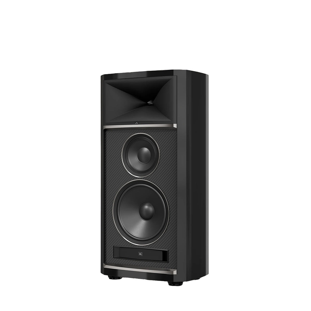 JBL Summit K2 3-Way Floorstanding Loudspeaker - single black speaker front view angled left without grille