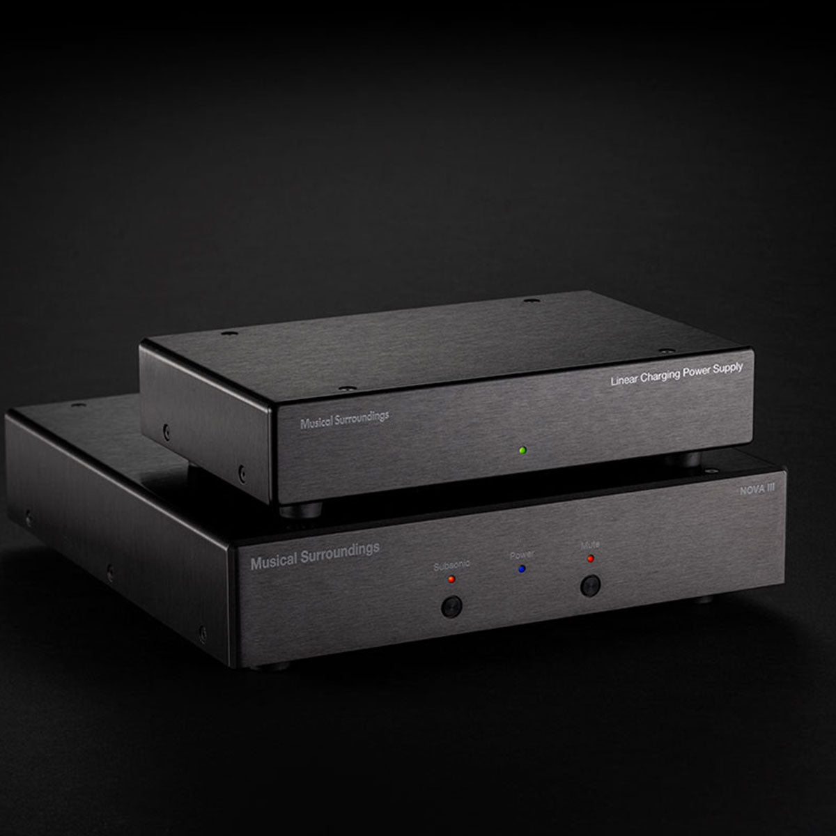 Musical Surroundings Linear Power Supply - front view of two stacked units angled right, black PSU on top of black Nova III