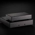 Musical Surroundings Linear Power Supply - front view of two stacked units angled right, black PSU on top of black Nova III