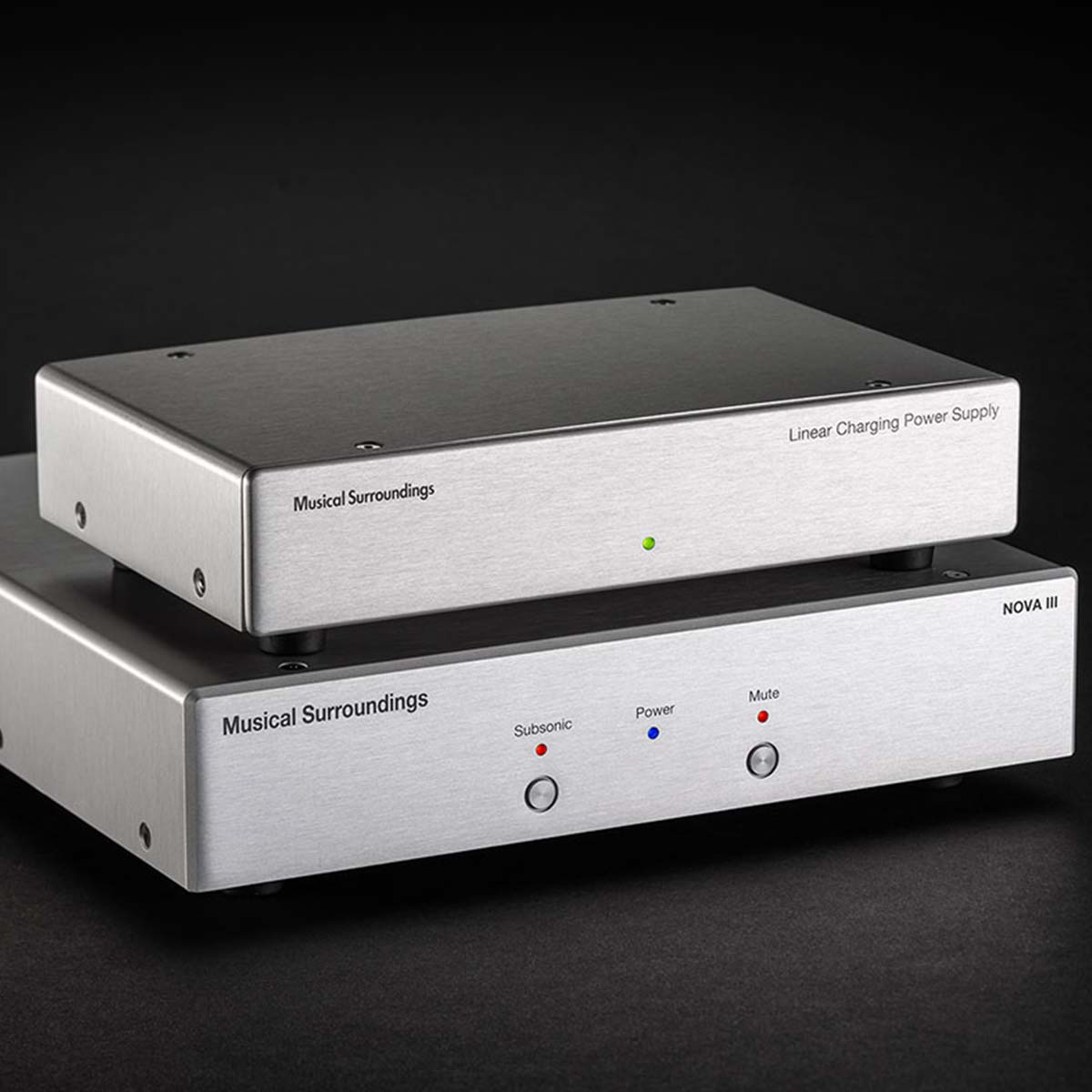 Musical Surroundings Linear Power Supply - front view of two stacked units angled right, silver PSU on top of silver Nova III