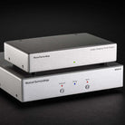 Musical Surroundings Linear Power Supply - front view of two stacked units angled right, silver PSU on top of silver Nova III