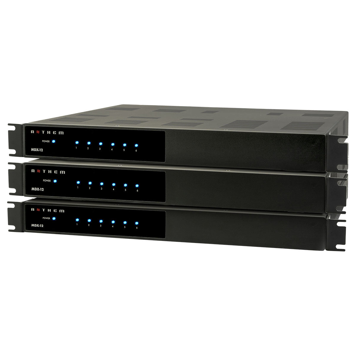 Anthem MDX-12 Multi-Channel Amplifier stack of three with brackets attached angled left