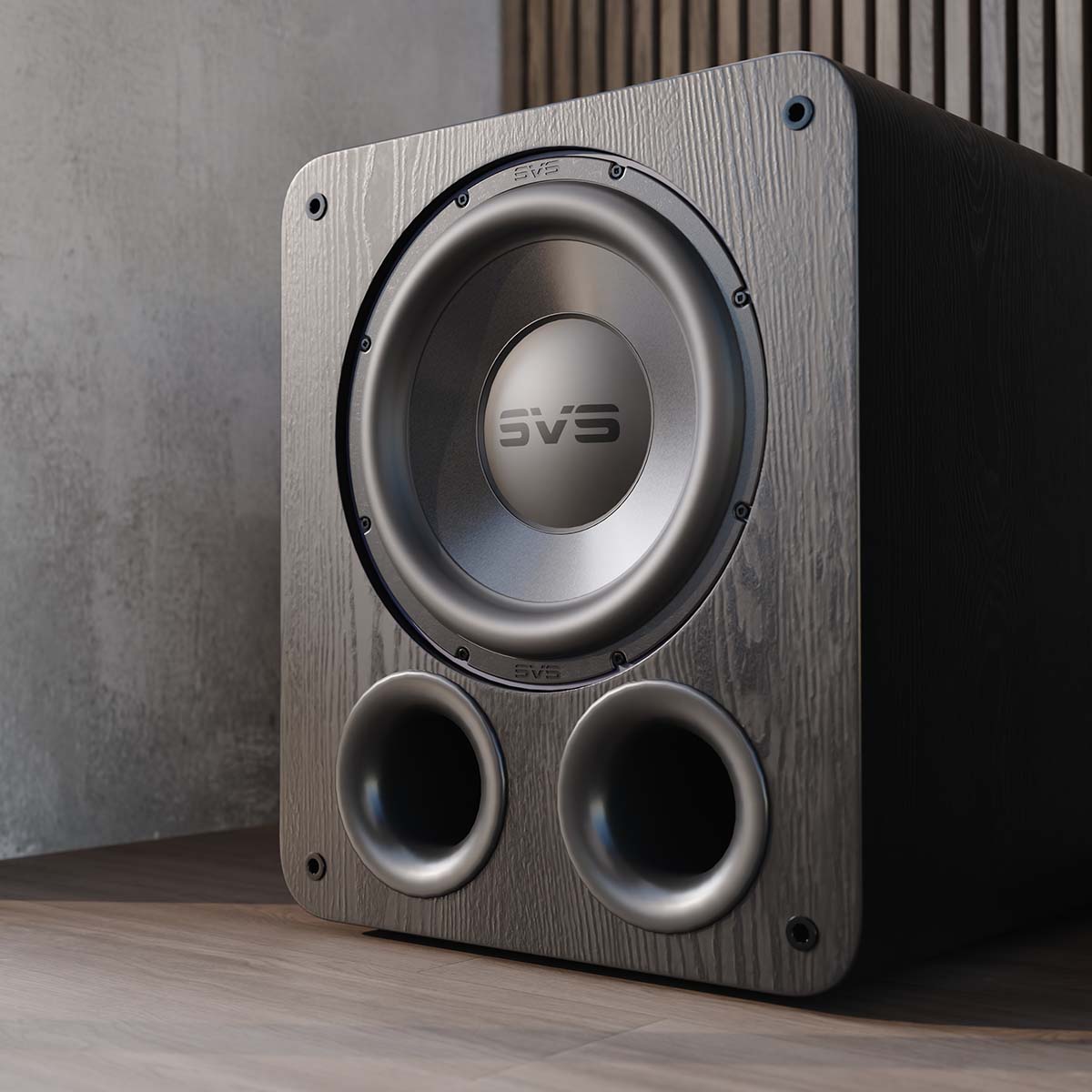 SVS PB-3000 R|Evolution 13" Subwoofer - Black Ash - lifestyle photo front view angled left without grille
