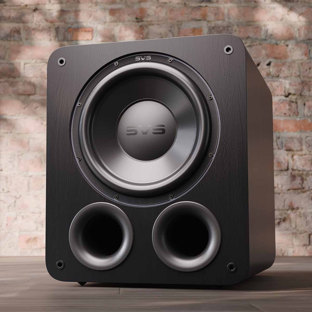 SVS PB-3000 R|Evolution 13" Subwoofer - Black Ash - lifestyle photo front view angled left without grille