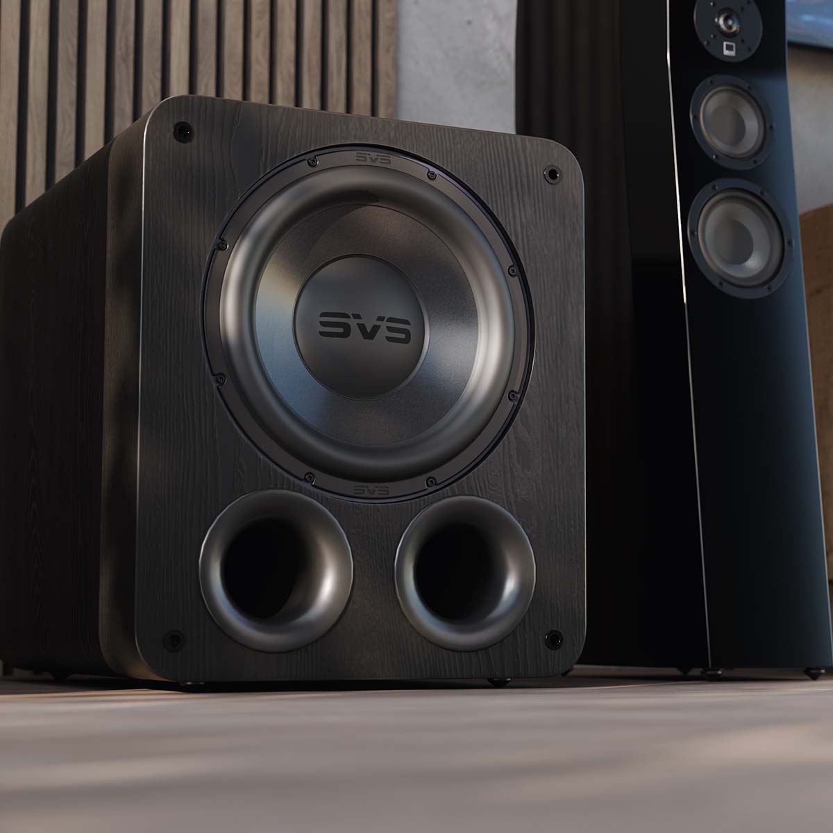 SVS PB-3000 R|Evolution 13" Subwoofer - Black Ash - lifestyle photo front view angled right without grille