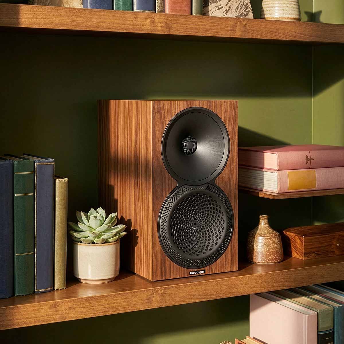 Paradigm Premier 120B V2 Bookshelf Speaker - Each walnut on floating shelf