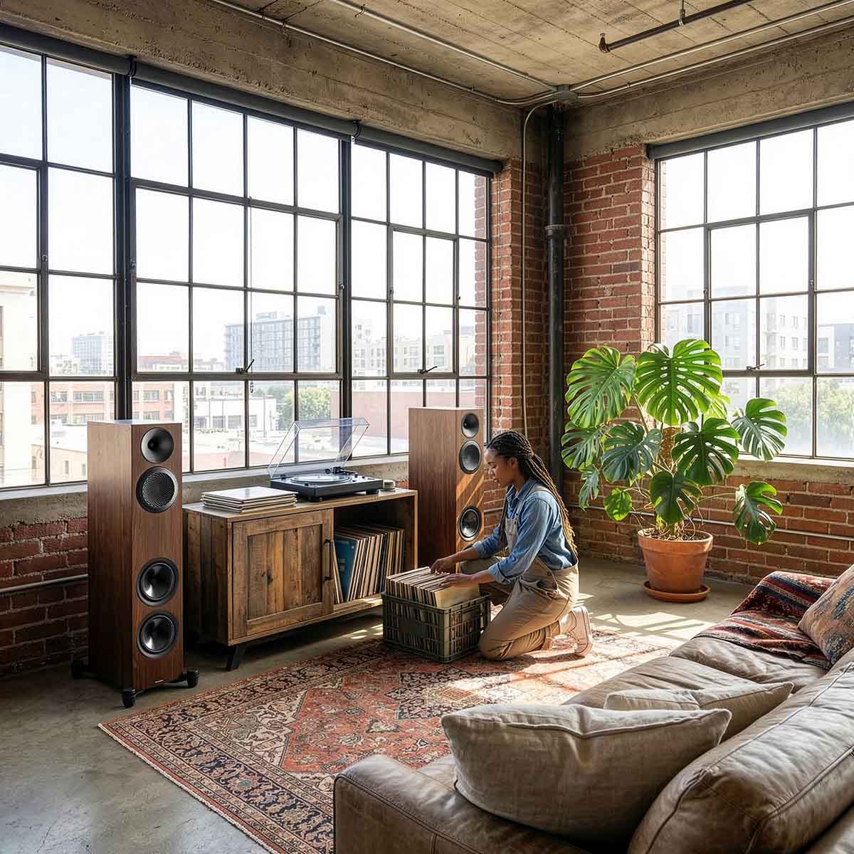 Paradigm Premier 720F V2 Floorstanding Speaker in living room with turntable