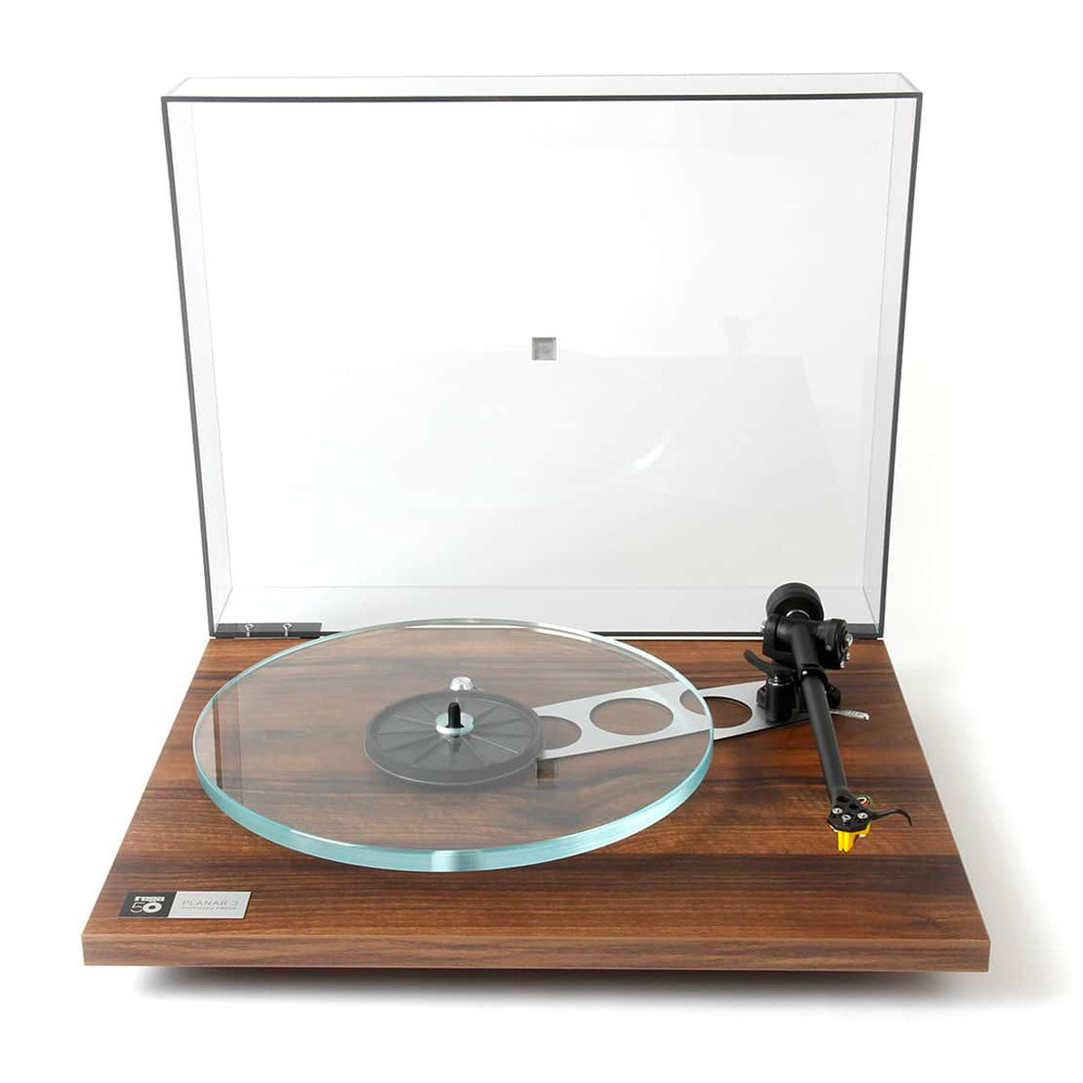 Rega Planar 3 50th Anniversary Edition Turntable - Walnut front view with dustcover open