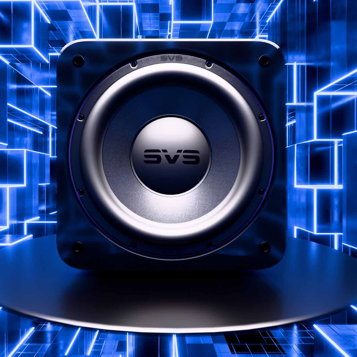 SVS SB-3000 R|Evolution 13" Subwoofer - Piano Gloss - front view without grille with blue background graphic